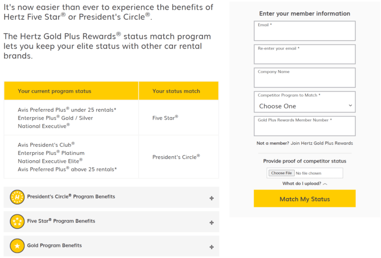 Hertz Car Rental President's Circle Status Match